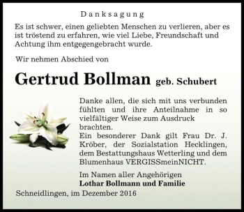 Traueranzeige von Gertrud Bollman (geb. Schubert)  von Magdeburger Volksstimme