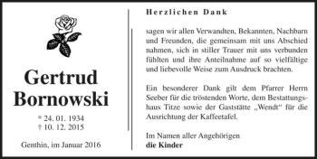 Traueranzeige von Gertrud Bornowski  von Magdeburger Volksstimme