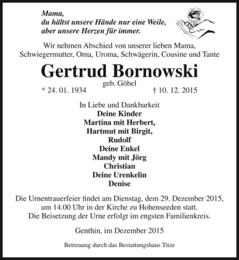 Traueranzeige von Gertrud Bornowski (geb. Göbel)  von Magdeburger Volksstimme