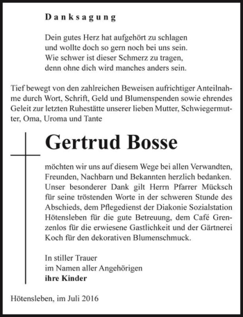 Traueranzeige von Gertrud Bosse  von Magdeburger Volksstimme