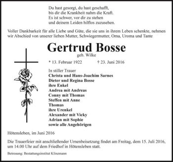 Traueranzeige von Gertrud Bosse (geb. Wilke)  von Magdeburger Volksstimme