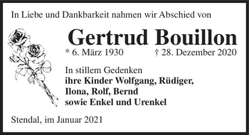 Traueranzeige von Gertrud Bouillon  von Magdeburger Volksstimme