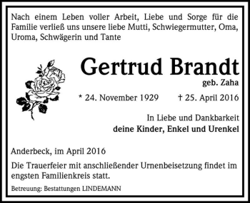 Traueranzeige von Gertrud Brandt (geb. Zaha)  von Magdeburger Volksstimme