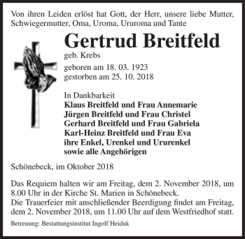 Traueranzeige von Gertrud Breitfeld (geb. Krebs)  von Magdeburger Volksstimme