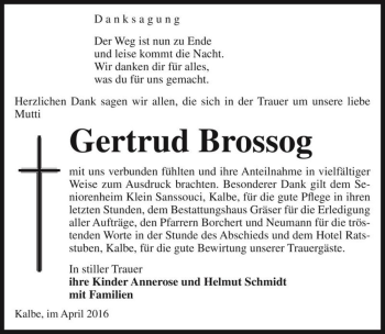 Traueranzeige von Gertrud Brossog  von Magdeburger Volksstimme