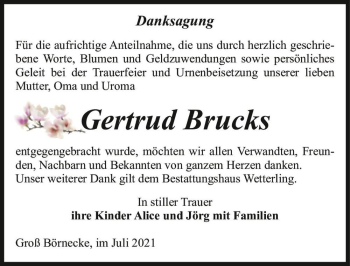 Traueranzeige von Gertrud Brucks  von Magdeburger Volksstimme