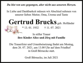Traueranzeige von Gertrud Brucks (geb. Holländer)  von Magdeburger Volksstimme