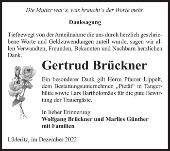 Traueranzeige von Gertrud Brückner  von Magdeburger Volksstimme