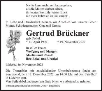Traueranzeige von Gertrud Brückner (geb. Pollok)  von Magdeburger Volksstimme