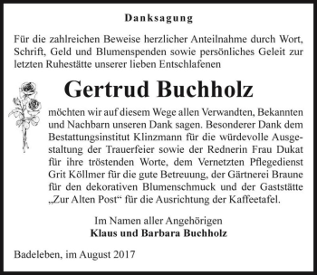Traueranzeige von Gertrud Buchholz  von Magdeburger Volksstimme