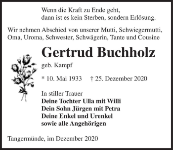 Traueranzeige von Gertrud Buchholz (geb. Kampf)  von Magdeburger Volksstimme