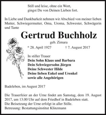 Traueranzeige von Gertrud Buchholz (geb. Zimara)  von Magdeburger Volksstimme