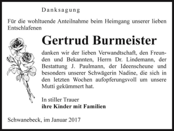Traueranzeige von Gertrud Burmeister  von Magdeburger Volksstimme