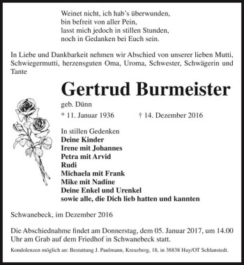 Traueranzeige von Gertrud Burmeister (geb. Dünn)  von Magdeburger Volksstimme