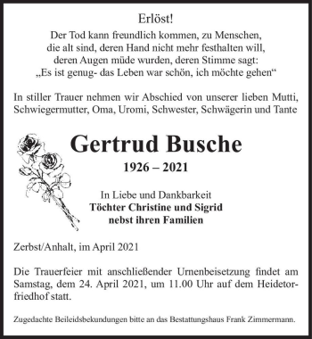 Traueranzeige von Gertrud Busche  von Magdeburger Volksstimme