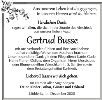 Traueranzeige von Gertrud Busse  von Magdeburger Volksstimme