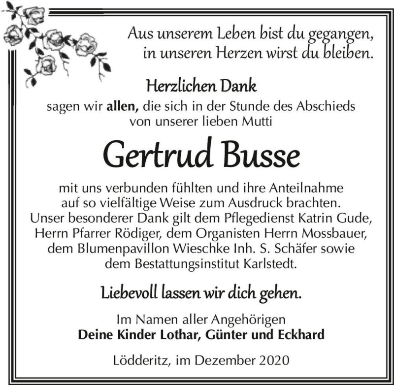  Traueranzeige für Gertrud Busse  vom 19.12.2020 aus Magdeburger Volksstimme