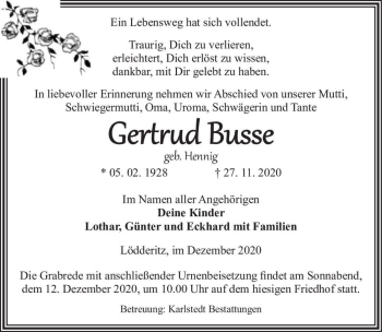 Traueranzeige von Gertrud Busse (geb. Hennig)  von Magdeburger Volksstimme