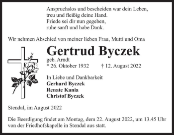 Traueranzeige von Gertrud Byczek (geb. Arndt)  von Magdeburger Volksstimme