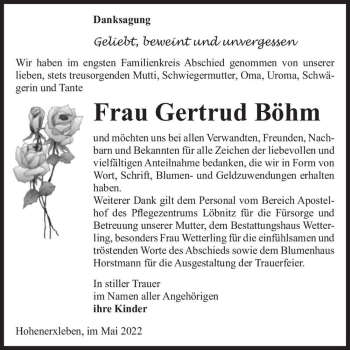 Traueranzeige von Gertrud Böhm  von Magdeburger Volksstimme