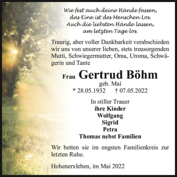 Traueranzeige von Gertrud Böhm (geb. Mai)  von Magdeburger Volksstimme