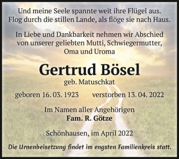 Traueranzeige von Gertrud Bösel (geb. Matuschkat)  von Magdeburger Volksstimme