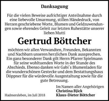 Traueranzeige von Gertrud Böttcher  von Magdeburger Volksstimme