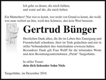 Traueranzeige von Gertrud Bünger  von Magdeburger Volksstimme