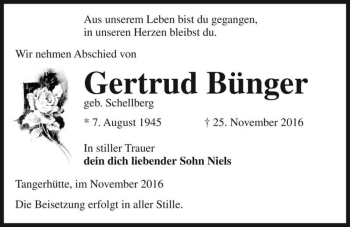 Traueranzeige von Gertrud Bünger (geb. Schellberg)  von Magdeburger Volksstimme