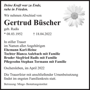 Traueranzeige von Gertrud Büscher (geb. Radis)  von Magdeburger Volksstimme