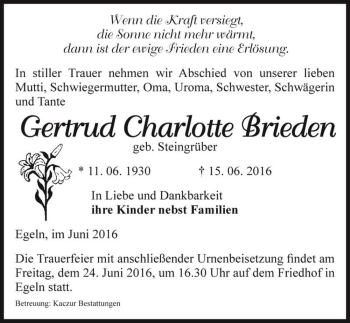 Traueranzeige von Gertrud Charlotte Brieden (geb. Steingrüber)  von Magdeburger Volksstimme