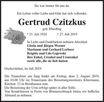 Traueranzeige von Gertrud Czitzkus (geb. Eberding)  von Magdeburger Volksstimme