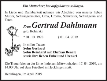 Traueranzeige von Gertrud Dahlmann (geb. Koharski)  von Magdeburger Volksstimme