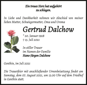 Traueranzeige von Gertrud Dalchow  von Magdeburger Volksstimme