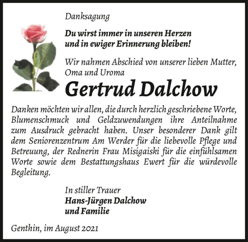  Traueranzeige für Gertrud Dalchow  vom 14.08.2021 aus Magdeburger Volksstimme