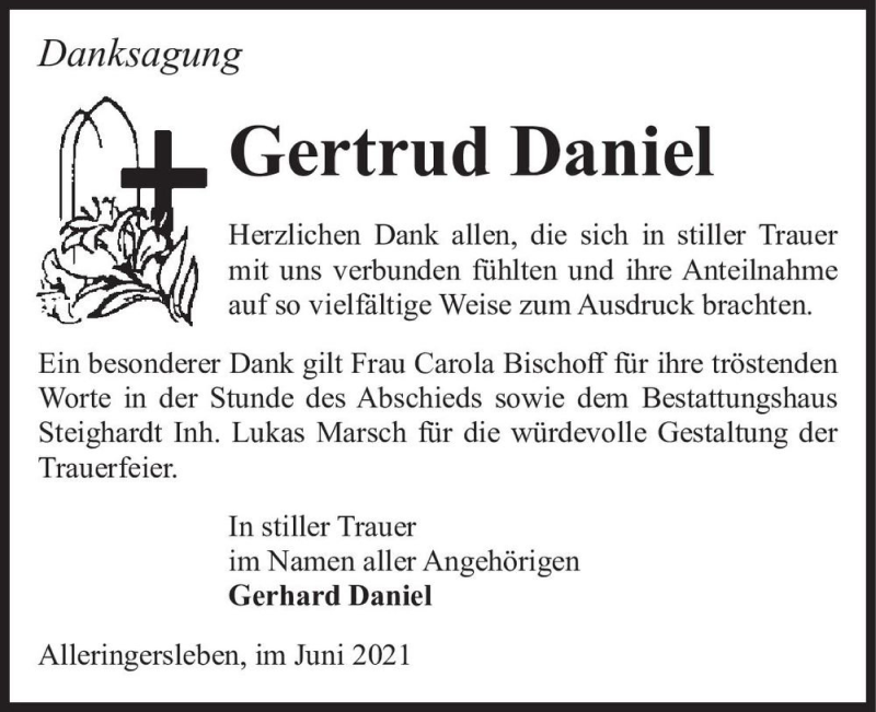  Traueranzeige für Gertrud Daniel  vom 19.06.2021 aus Magdeburger Volksstimme