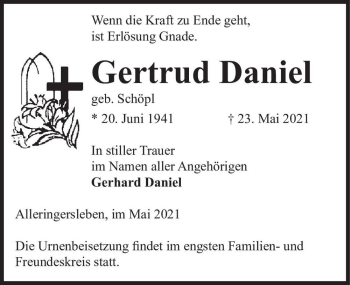 Traueranzeige von Gertrud Daniel (geb. Schöpl)  von Magdeburger Volksstimme