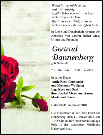 Traueranzeige von Gertrud Dannenberg (geb. Schmidt)  von Magdeburger Volksstimme