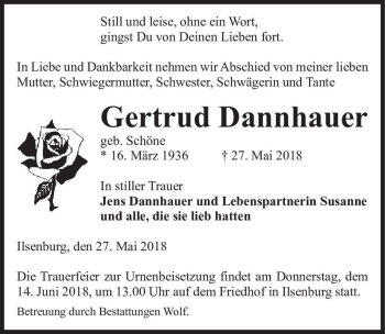 Traueranzeige von Gertrud Dannhauer (geb. Schöne)  von Magdeburger Volksstimme