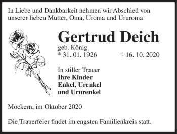 Traueranzeige von Gertrud Deich (geb. König)  von Magdeburger Volksstimme