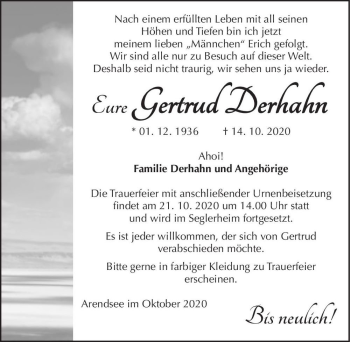 Traueranzeige von Gertrud Derhahn  von Magdeburger Volksstimme