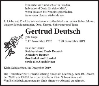 Traueranzeige von Gertrud Deutsch (geb. Nagel)  von Magdeburger Volksstimme