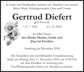 Traueranzeige von Gertrud Diefert (geb. Frowerk)  von Magdeburger Volksstimme