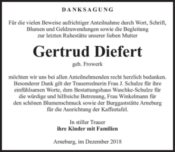 Traueranzeige von Gertrud Diefert (geb. Frowerk)  von Magdeburger Volksstimme