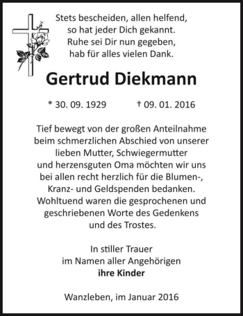 Traueranzeige von Gertrud Diekmann  von Magdeburger Volksstimme