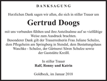 Traueranzeige von Gertrud Doogs  von Magdeburger Volksstimme