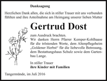 Traueranzeige von Gertrud Dost  von Magdeburger Volksstimme