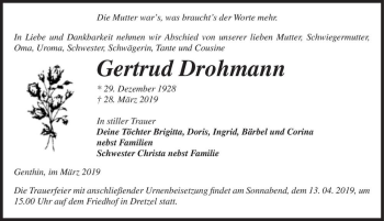 Traueranzeige von Gertrud Drohmann  von Magdeburger Volksstimme