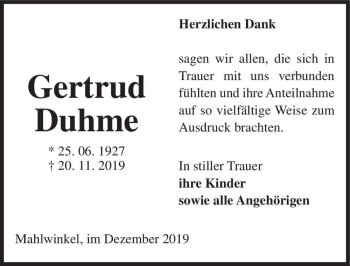 Traueranzeige von Gertrud Duhme  von Magdeburger Volksstimme
