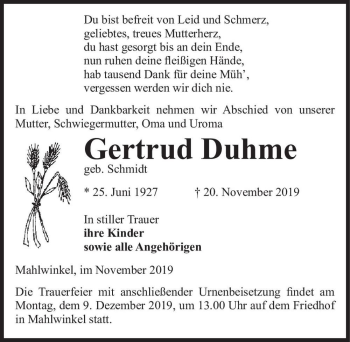 Traueranzeige von Gertrud Duhme (geb. Schmidt)  von Magdeburger Volksstimme